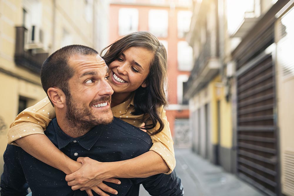 Smiling couple on vacation in Europe